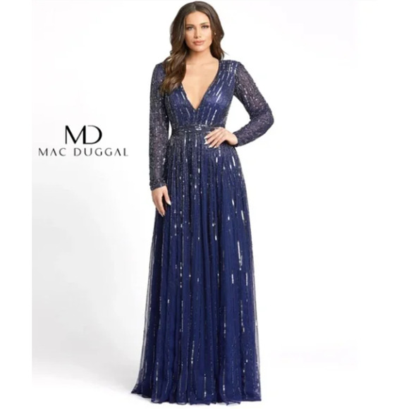 Mac Duggal Formal Dress Size 12 Navy Blue Sequin Long Sleeve V-Neck Evening Gown - Picture 1 of 16